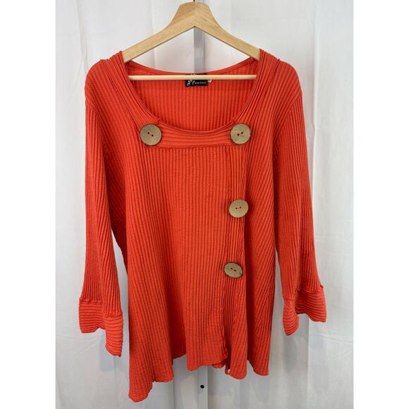 FENINI XL Waffle Knit Pullover Top Square Neck 3/4 Sleeve Buttons Cotton Orange - Picture 1 of 9